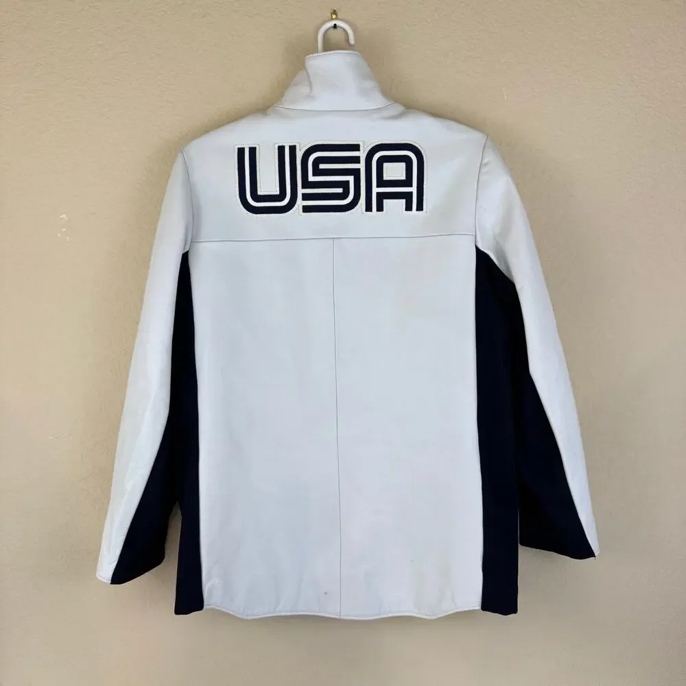 ROOTS 2006 White Leather Olympic Jacket Team USA Torino Mens Size M